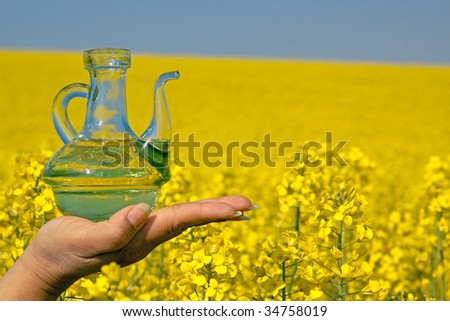 Rapeseed oil into glass bottle, blossoming rapeseed field