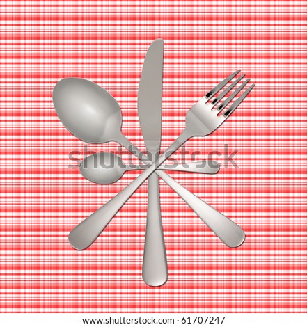 Fork, knife and spoon on checkered tablecloth with clipping path