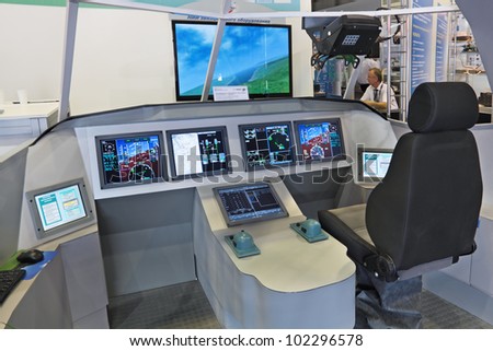 ZHUKOVSKY, RUSSIA - AUG 16: Information control field of the cockpit of the prospective aircraft at the International Aviation and Space salon MAKS. Aug, 16, 2011 in Zhukovsky, Russia