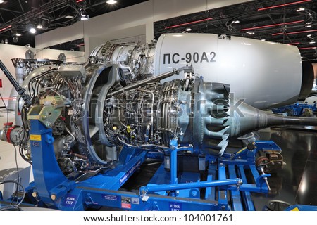 MOSCOW, RUSSIA - AUG 16: The engine of the plane at the fork lift on International Aviation and Space salon MAKS. Aug, 16, 2011 at Zhukovsky, Russia