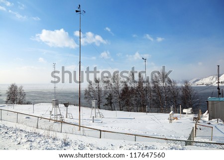 Weather station at the source of the Angara river, Siberia, Russia, the winter Baikal