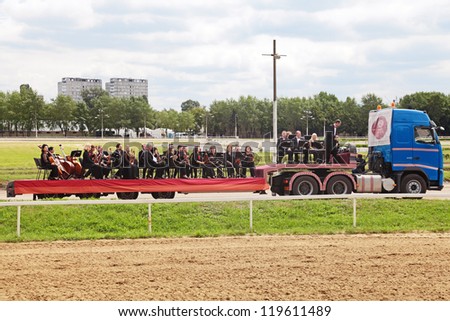 MOSCOW, RUSSIA - JUL 07: The mobile cool air orchestra in a truck during races for the prize of the President of the Russian Federation on Jul 07, 2012 in Moscow.