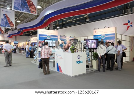 ZHUKOVSKY, RUSSIA - AUG 16: The stand Optical systems and technologies, the Ural Optical & Mechanical Plant at the International Aviation and Space salon MAKS. Aug, 16, 2011 at Zhukovsky, Russia
