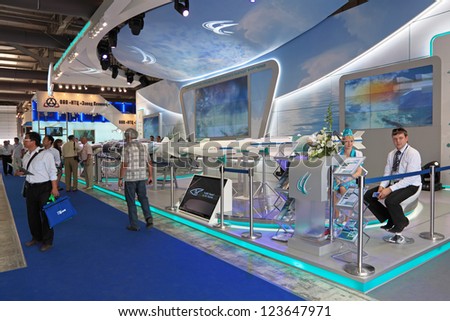 ZHUKOVSKY, RUSSIA - AUG 16: The stand of Vympel NPO is a Russian research and production company at the International Aviation and Space salon MAKS on Aug, 16, 2011 in Zhukovsky, Russia