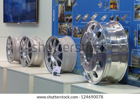 NIZHNY TAGIL, RUSSIA- AUG 24: Alloy wheels at exhibition RUSSIAN DEFENCE EXPO 2012 on August, 24, 2012 at Nizhny Tagil, Russia