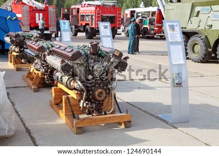 NIZHNY TAGIL, RUSSIA- AUG 23: Diesel engines of high power at exhibition RUSSIAN DEFENCE EXPO 2012 on August, 23, 2012 at Nizhny Tagil, Russia