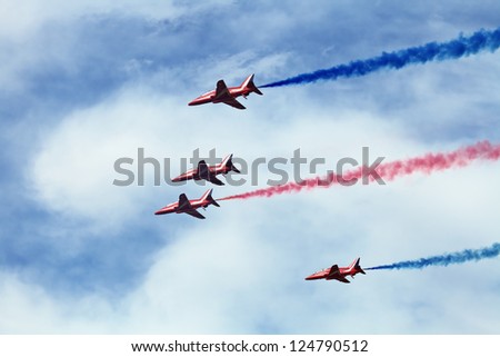 ZHUKOVSKY, RUSSIA - AUG 11: The aerobatic team Red Arrows Royal Air Force of United Kingdom on celebrating of the 100 anniversary of Russian air force. August, 11, 2012 at Zhukovsky, Russia.