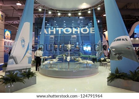 ZHUKOVSKY, RUSSIA - AUG 17: The company\'s stand Antonov (Aeronautical Scientific/Technical Complex) at the International Aviation and Space salon MAKS. Aug, 17, 2011 at Zhukovsky, Russia