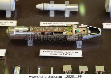 N.TAGIL, RUSSIA - AUG 24: Radio transmission equipment to measure the functioning of ammunition on the flight path at exhibition RUSSIAN DEFENCE EXPO 2012 on August, 24, 2012 at Nizhny Tagil, Russia