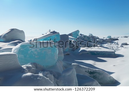Ice hummocks around the shore of lake Baikal, winter Siberia, Russia