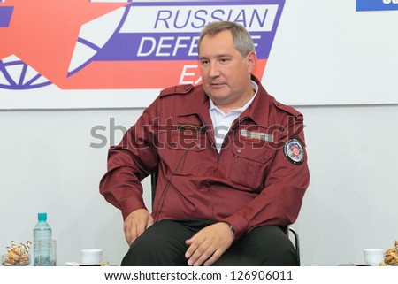 NIZHNY TAGIL, RUSSIA- AUG 24: Dmitry Rogozin is vice-premier of Russian Government at RUSSIAN DEFENCE EXPO 2012 on August, 24, 2012 in Nizhny Tagil, Russia