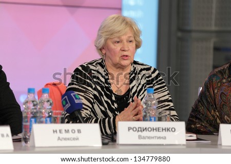 MOSCOW - APR 10: Valentina Rodionenko, senior coach of Russia, speaks during a sports gymnastics on press-conference dedicated to the European Artistic Gymnastics Championships on April 10, 2013 in Moscow, Russia