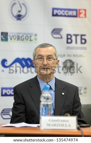MOSCOW-APR 16: Gianfranco Marzolla, president of technical committee of artistic gymnastics, speaks during a press-conference dedicated to the 2013 European Artistic Gymnastics Championships on April 16, 2013 in Moscow, Russia.