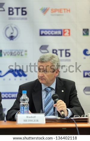 MOSCOW - APR 16: Rudolf Hediger - Vice President of the European Union of Gymnastics on press-conference 2013 European Artistic Gymnastics Championships on April 16, 2013 in Moscow, Russia
