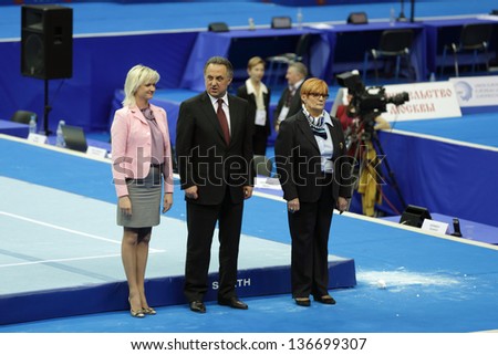 MOSCOW-APR 19: 2013 European Artistic Gymnastics Championships. Svetlana Khorkina and Vitaly Mutko -  Minister of Sport, Tourism and Youth policy in Olympic Stadium on April 19, 2013 in Moscow, Russia