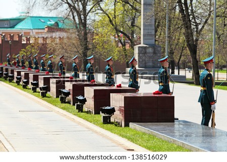 MOSCOW - MAY 8: A formation of soldiers about Memorial plates Cities-heroes in the Alexander Garden. Festive events dedicated to the 67th Anniversary of Victory Day on MAY 8, 2013 in Moscow, Russia
