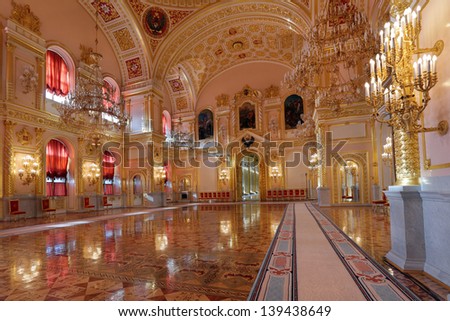 MOSCOW-FEB 22: An interior view of the Grand Kremlin Palace is shown on Feb 22, 2013 in Moscow. Built in 1849, the palace is the official residence of the President of Russia. The St. Alexander hall