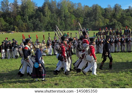 BORODINO, MOSCOW REGION - SEPTEMBER 01: Reenactment of the Borodino battle between Russian and French armies in 1812 at its 200th anniversary on September 01, 2012 in Borodino, Moscow Region, Russia