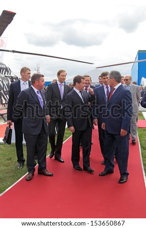 ZHUKOVSKY, RUSSIA - AUG 27: Government delegation headed by Dmitry Medvedev at the International Aviation and Space salon MAKS. Aug, 27, 2013 at Zhukovsky, Russia