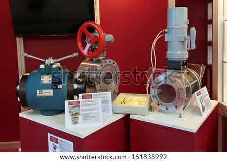 ST.-PETERSBURG - JUL 05: The ball valves and kingstons on International maritime defence show (IMDS-2013) on Jul 05, 2013 at Lenexpo exhibition complex in St.-Petersburg, Russia