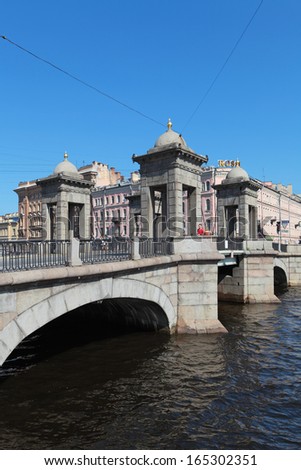ST.-PETERSBURG-JUL 06: Lomonosov Bridge across the Fontanka River is the best preserved of towered movable bridges that used to be typical in the 18th century on Jul 06, 2013 in St.-Petersburg, Russia