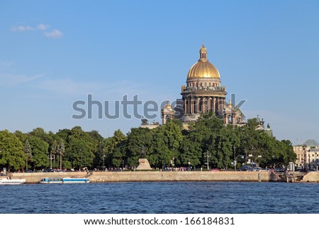 Saint Petersburg, Russia, English Embankment and Saint Isaac\'s Cathedral (Isaakievskiy Sobor). Built in 1858 under the project of architect Auguste de Montferrand