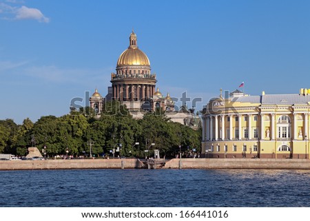 Saint Petersburg, Russia, English Embankment and Saint Isaac\'s Cathedral (Isaakievskiy Sobor) built in 1858 under the project of architect Auguste de Montferrand and building of Senate and Synod