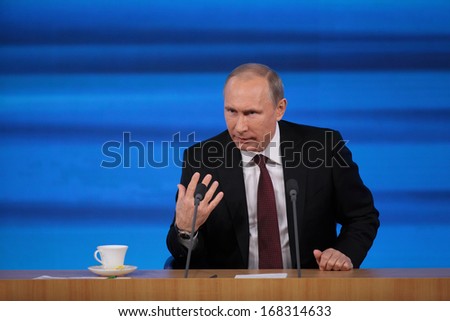 MOSCOW, RUSSIA - DEC 19: The President of the Russian Federation Vladimir Vladimirovich Putin annual press conference in Center of international trade