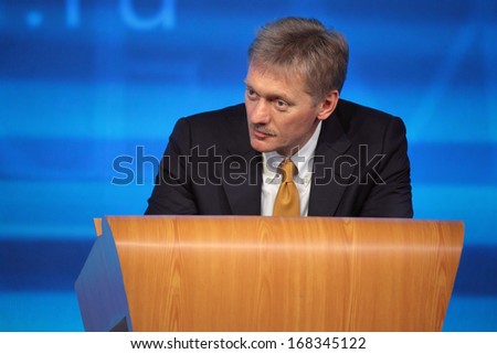 MOSCOW, RUSSIA - DEC 19: The Dmitry Peskov - Press Attache for the President of Russia Vladimir Putin, Deputy head of the Presidential at annual press conference in Center of international trade