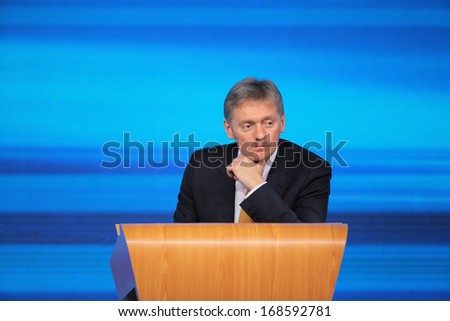 MOSCOW, RUSSIA - DEC 19: The Dmitry Peskov - Press Attache for the President of Russian Federation V. Putin, Deputy head of the Presidential at annual press conference in Center of international trade
