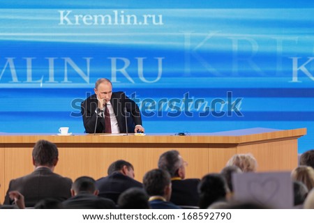 MOSCOW, RUSSIA - DEC 19: The President of the Russian Federation Vladimir Vladimirovich Putin annual press conference in Center of international trade
