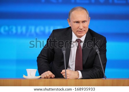 MOSCOW, RUSSIA - DEC 19,2013: The President of the Russian Federation Vladimir Vladimirovich Putin annual press conference in Center of international trade