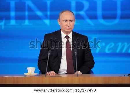 Moscow, Russia - Dec 19, 2013: The President Of The Russian Federation Vladimir Vladimirovich Putin Annual Press Conference In Center Of International Trade