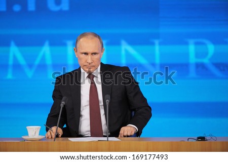 MOSCOW, RUSSIA - DEC 19, 2013: The President of the Russian Federation Vladimir Vladimirovich Putin annual press conference in Center of international trade