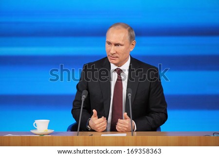 MOSCOW, RUSSIA - DEC 19, 2013: The President of the Russian Federation Vladimir Vladimirovich Putin annual press conference in Center of international trade