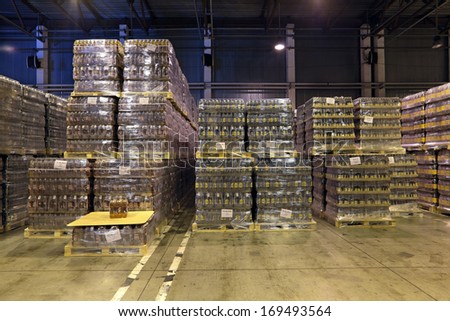 MOSCOW, RUSSIA, OCHAKOVO BREWERY - JUNE 13, 2013: The biggest Russian company beer and beverage industry. Warehouse of finished products company