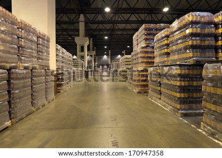MOSCOW, RUSSIA, OCHAKOVO BREWERY - JUN 13, 2013: The biggest Russian company beer and beverage industry. Warehouse of finished products company