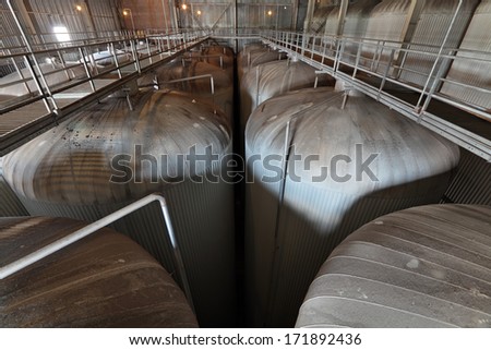 Brewing production - fermentation department, the upper part of the fermentation vats, the interior of the brewery, nobody