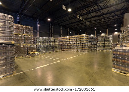 MOSCOW, RUSSIA, OCHAKOVO BREWERY-JUN 13, 2013: The biggest Russian company beer and beverage industry. Warehouse of finished products company