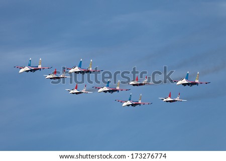 ZHUKOVSKY, RUSSIA - AUG 28, 2013: AÂ�erobatic teams Swifts (Strizhi) on planes MiG-29 and Russian Knights on planes Su-27 at the International Aviation and Space salon MAKS-2013