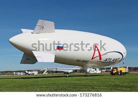 ZHUKOVSKY, RUSSIA - AUG 26: Multipurpose airship Au-30, RosAeroSystems company at the International Aviation and Space salon MAKS-2013.