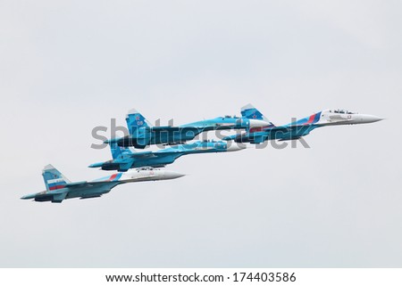 Zhukovsky, Russia - Aug 30, 2013: Aerobatic Teams &Quot;Falcons Of Russia&Quot; On Planes Su-27 At The International Aviation And Space Salon Maks-2013