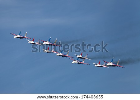 ZHUKOVSKY, RUSSIA - AUG 28, 2013: Ã?Â�Ã?Â�erobatic teams Swifts (Strizhi) on planes MiG-29 and Russian Knights on planes Su-27 at the International Aviation and Space salon MAKS-2013