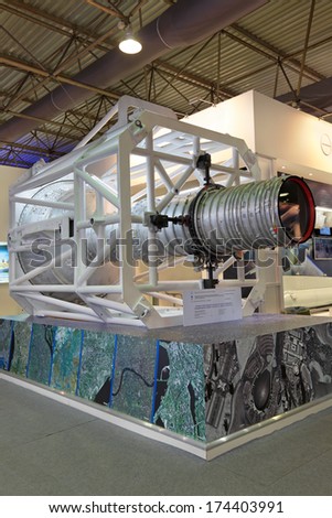 ZHUKOVSKY, RUSSIA - AUG 29, 2013: Stand of Russian Federal Space Agency. Optical-electronic equipment for remote sounding of the earth