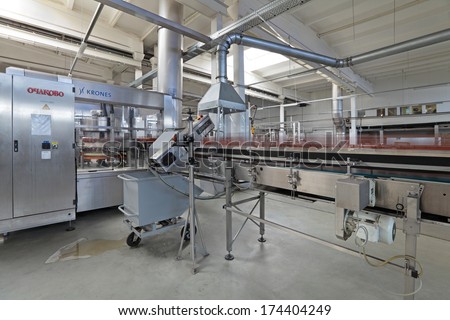 MOSCOW, RUSSIA, OCHAKOVO BREWERY - JUN 13, 2013: The biggest Russian company beer and beverage industry. Conveyor line, machine for pasting labels for beer bottles