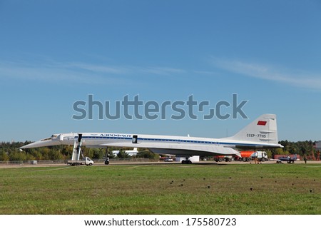ZHUKOVSKY, RUSSIA - AUG 26, 2013: Tupolev Tu-144 plane was the first in the world commercial supersonic transport aircraft at the International Aviation and Space salon MAKS-2013
