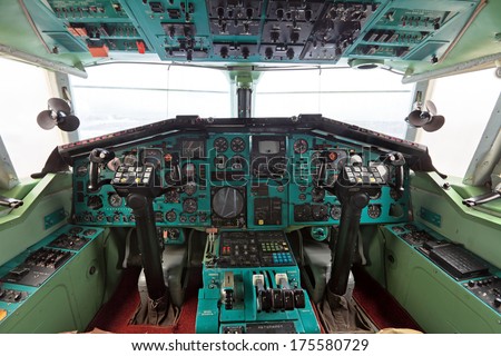 ZHUKOVSKY, RUSSIA - SEP 1, 2013: The cabin of the plane Tupolev Tu-144 was the first in the world commercial supersonic transport aircraft at the International Aviation and Space salon MAKS-2013