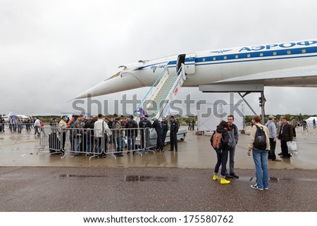 ZHUKOVSKY, RUSSIA - SEP 01, 2013: Tupolev Tu-144 plane was the first in the world commercial supersonic transport aircraft at the International Aviation and Space salon MAKS-2013