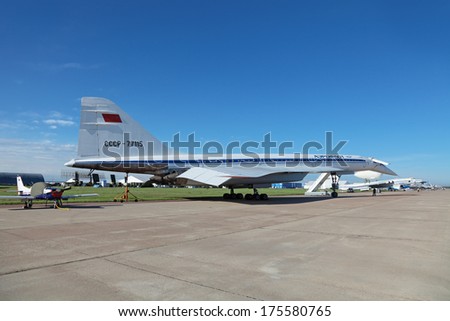 ZHUKOVSKY, RUSSIA - AUG 26, 2013: Tupolev Tu-144 plane was the first in the world commercial supersonic transport aircraft at the International Aviation and Space salon MAKS-2013