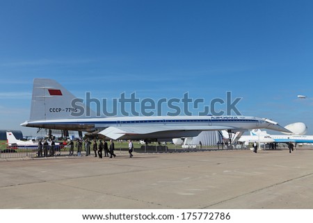 ZHUKOVSKY, RUSSIA - AUG 28, 2013: Tupolev Tu-144 plane was the first in the world commercial supersonic transport aircraft at the International Aviation and Space salon MAKS-2013